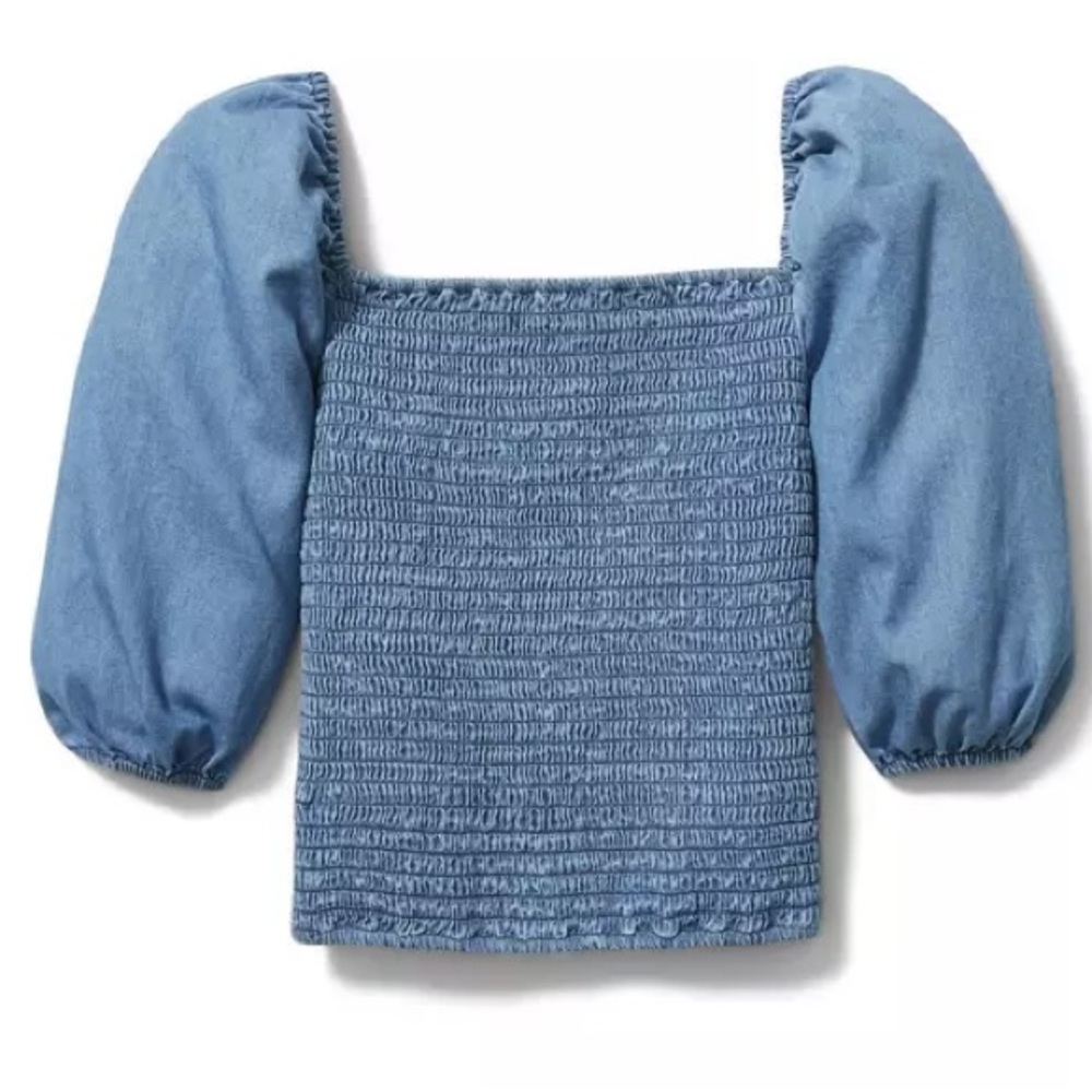 NWT JANIE AND JACK Carolina Blue Chambray Puff Sleeve Smocked Blouse Size 16‎
